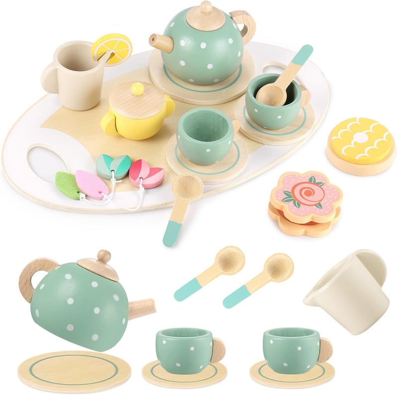TARIOMART Wooden Tea Set for Little Girls,Wooden Toys Toddler Tea Set Play Kitchen Accessories for Kids Pretend Play Food Playset for Kids Tea Party 15Pcs - Image 1